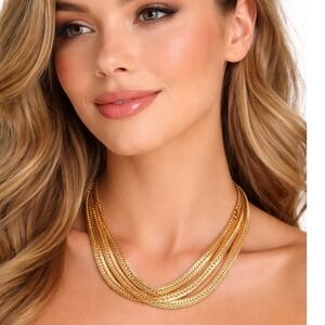 Claire's Gold Tone 3 Strand Herringbone Layered Statement Necklace Liquid Gold